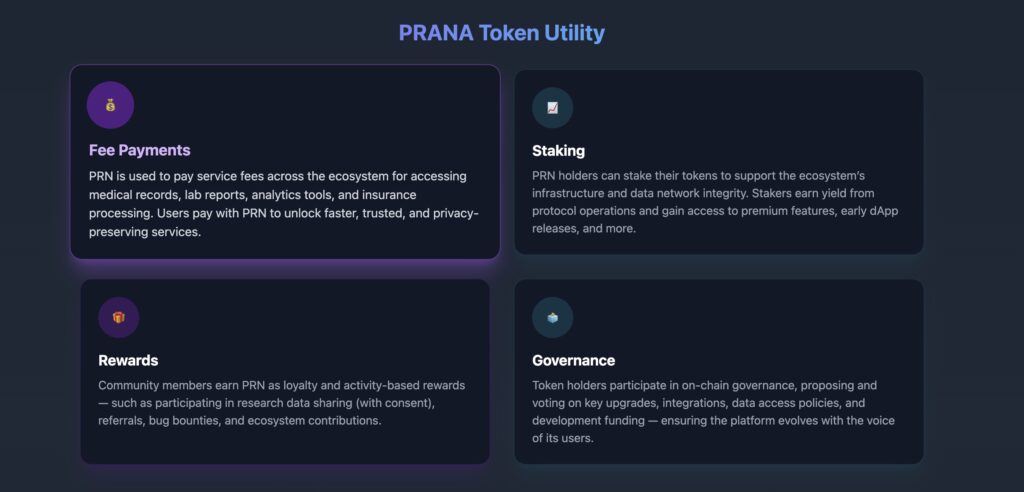 PRANA token dashboard showing token balance