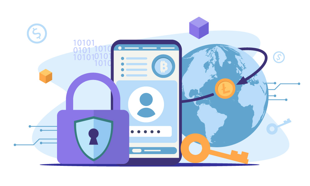 Smartphone displaying a digital health wallet with blockchain security icons.